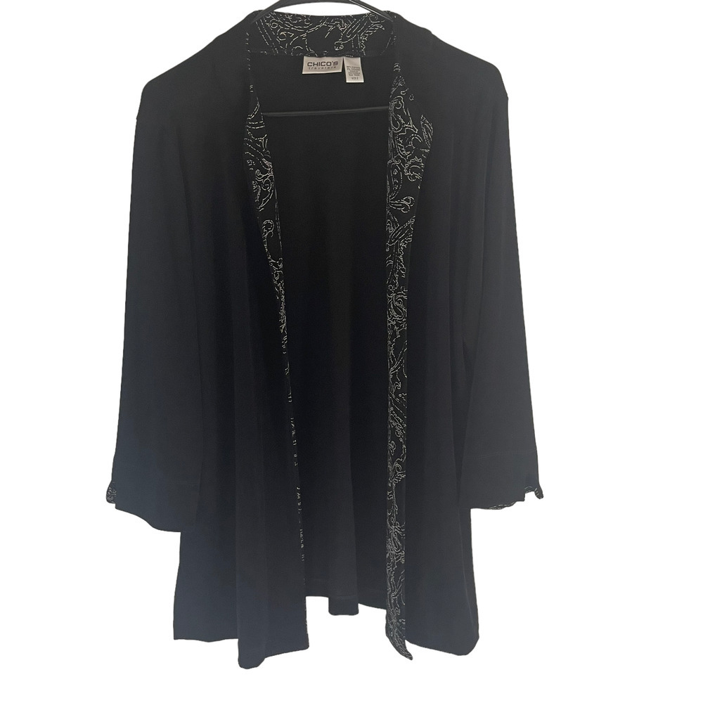 Chicos Travelers Black Silver Paisley Trim‎ Open Cardigan Slinky Knit Size 2 L